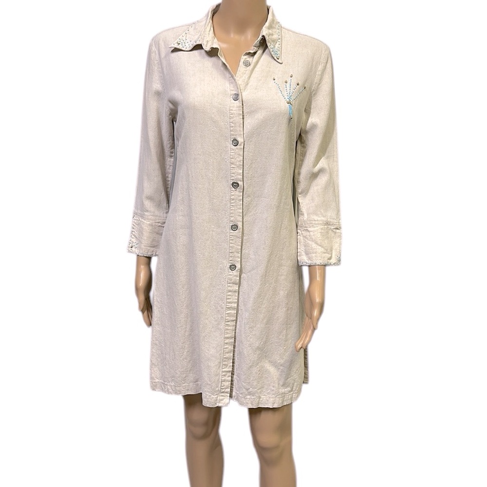 Bahar Linen 3 Quarter Sleeve Button Up Tapered Beaded Shirt Dress Womens 2